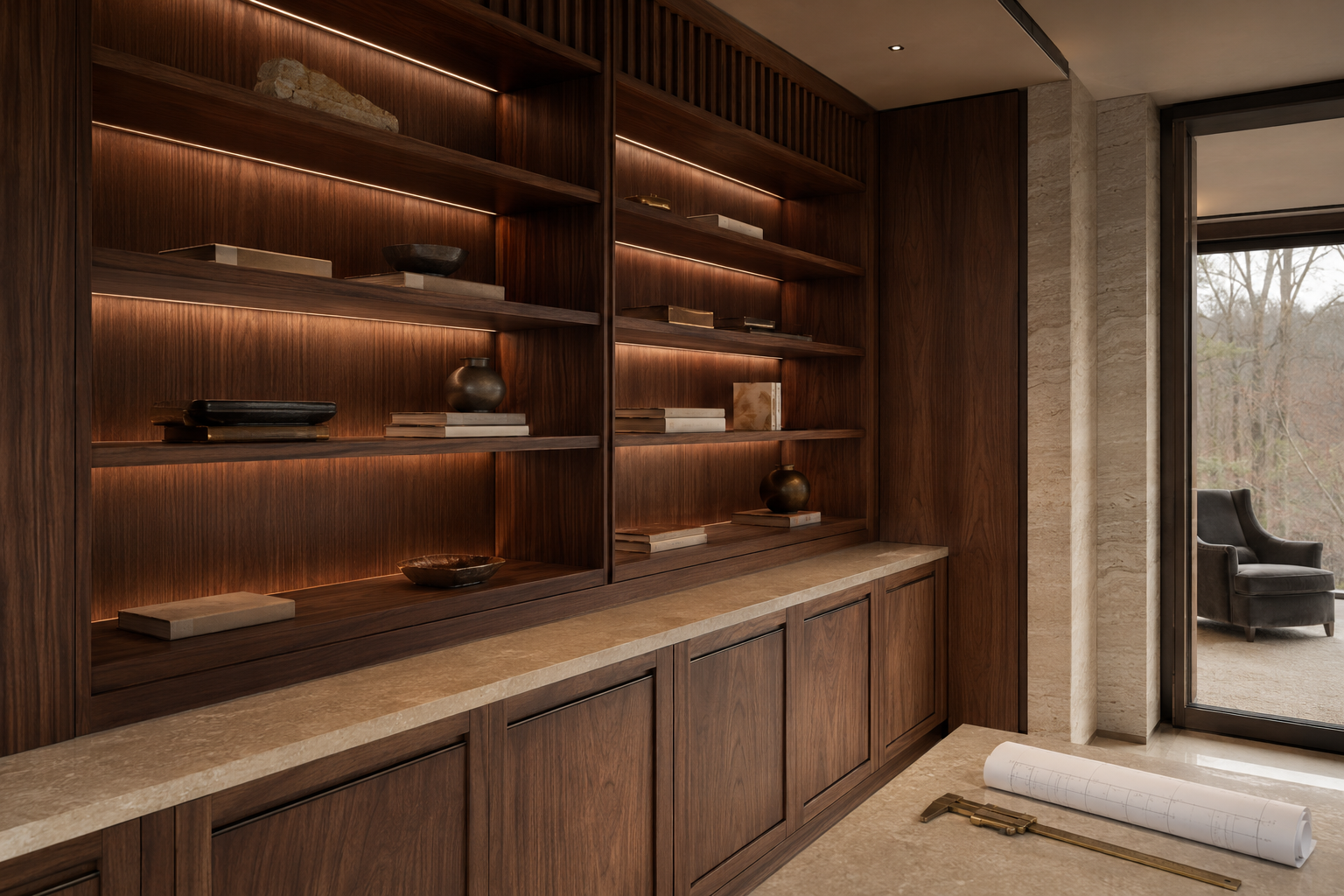 Luxury walnut millwork detailing with plans and measuring tools
