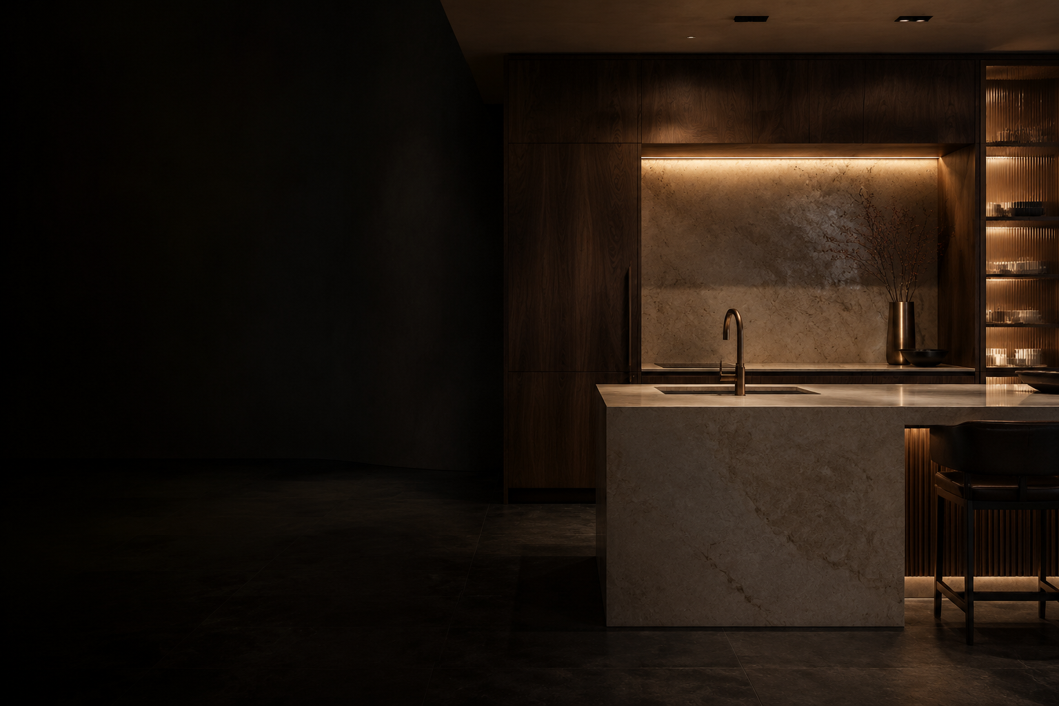 Luxury walnut and stone kitchen with integrated architectural details