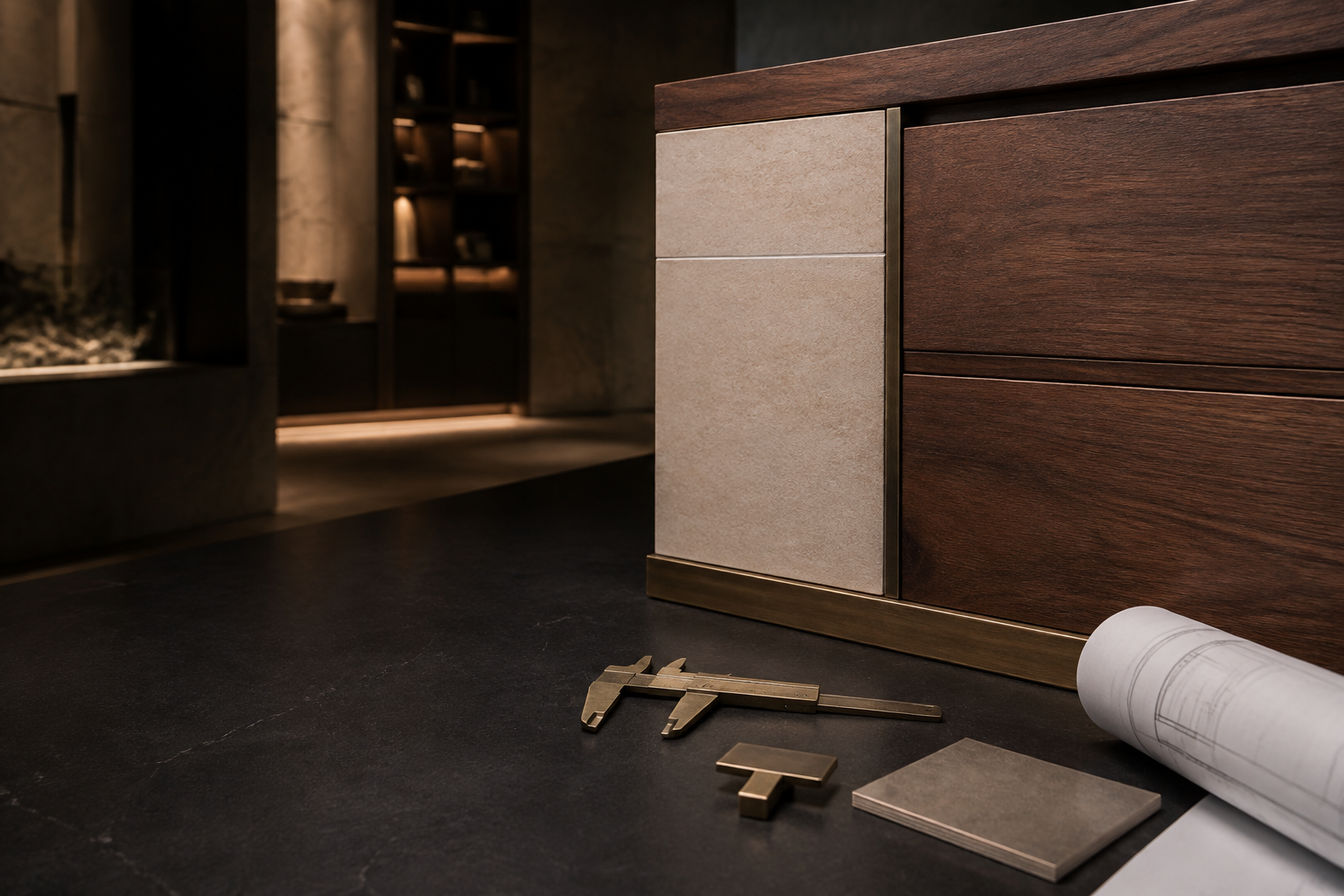 Precision architectural millwork release mockup joining dark walnut, pale limestone, and aged bronze