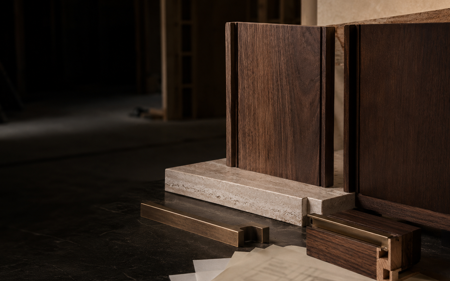 Dark walnut, pale limestone, and aged bronze material alternatives arranged beside a precision architectural millwork mockup