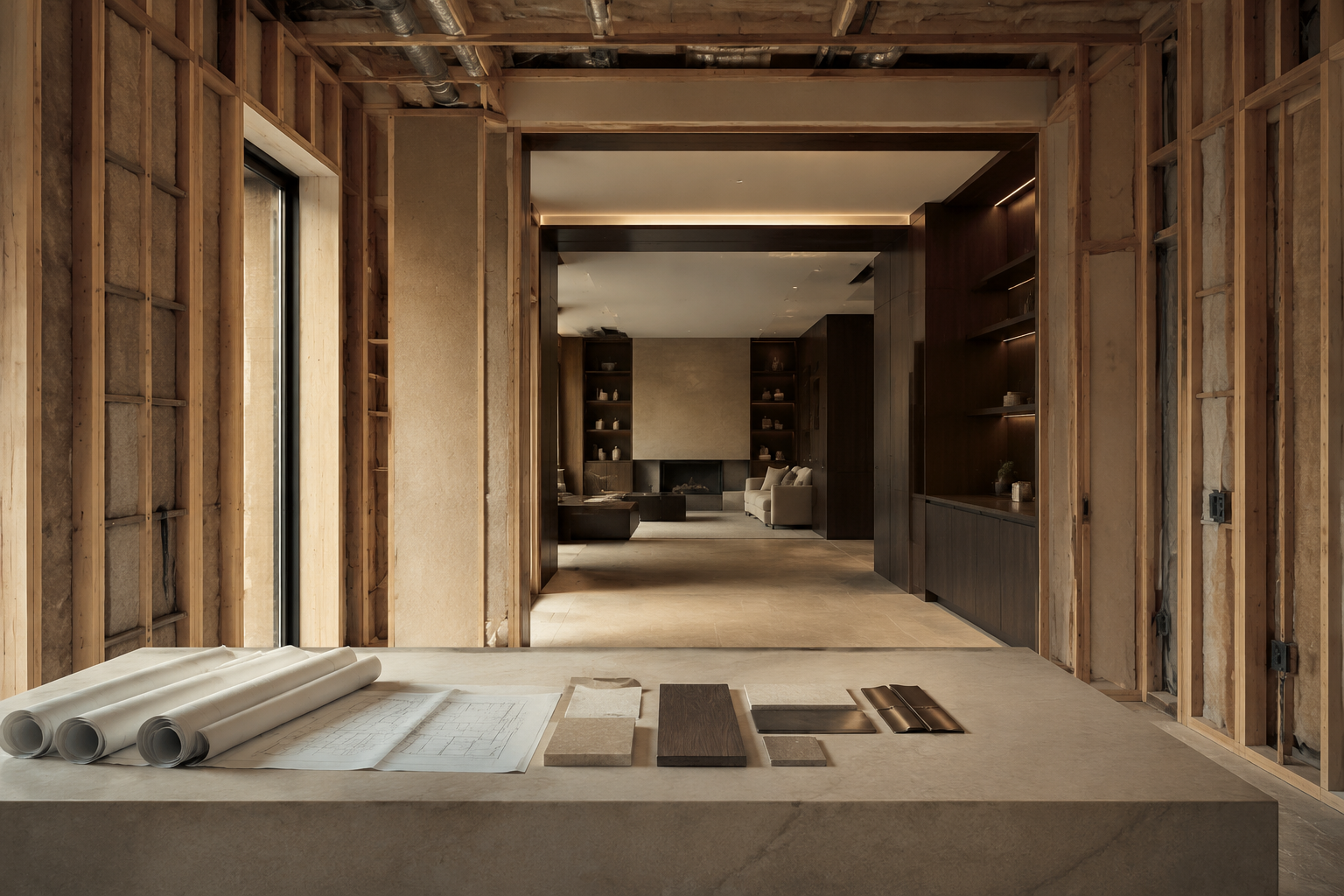 Luxury residence transitioning from framing to finished interior