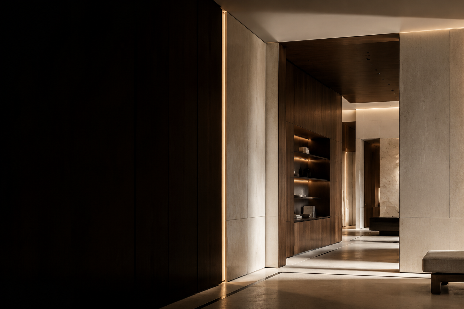 Completed luxury interior where stone, walnut, bronze, and light align