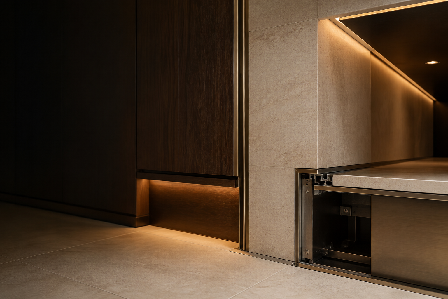 Resolved junction of stone, walnut, bronze, lighting, ceiling, and floor