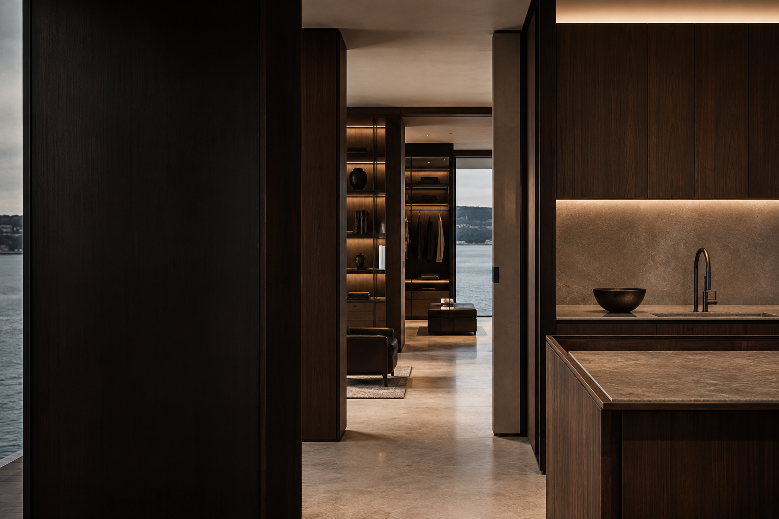 Waterfront residence connected by walnut, limestone, bronze, and warm light
