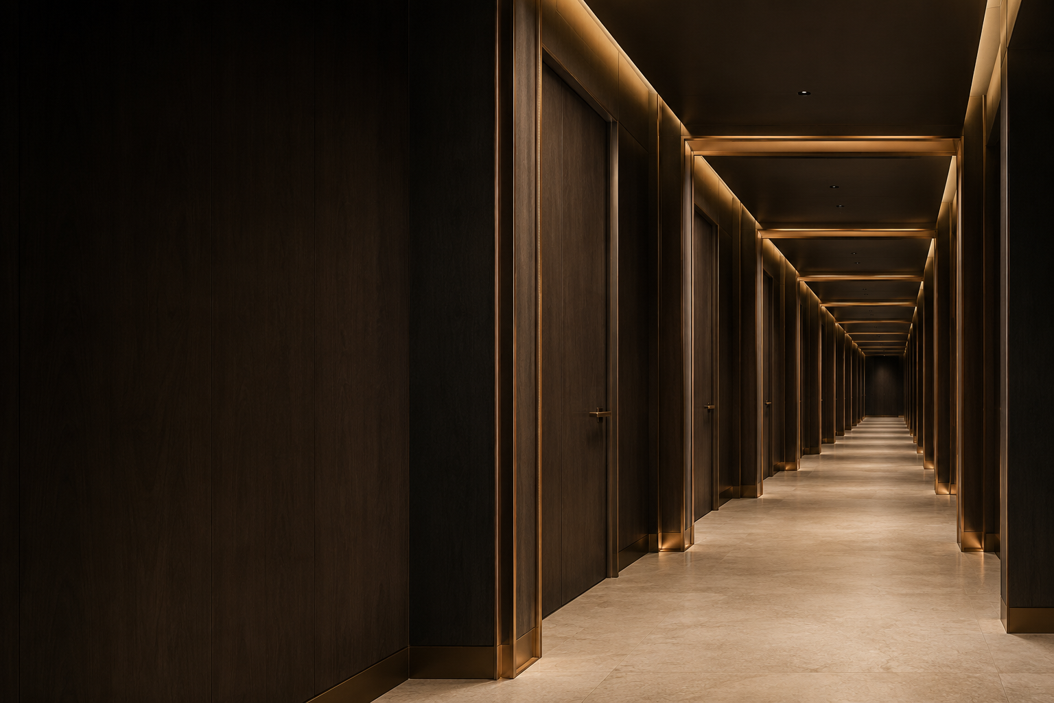 Precisely repeated walnut portals and bronze reveals in a luxury corridor