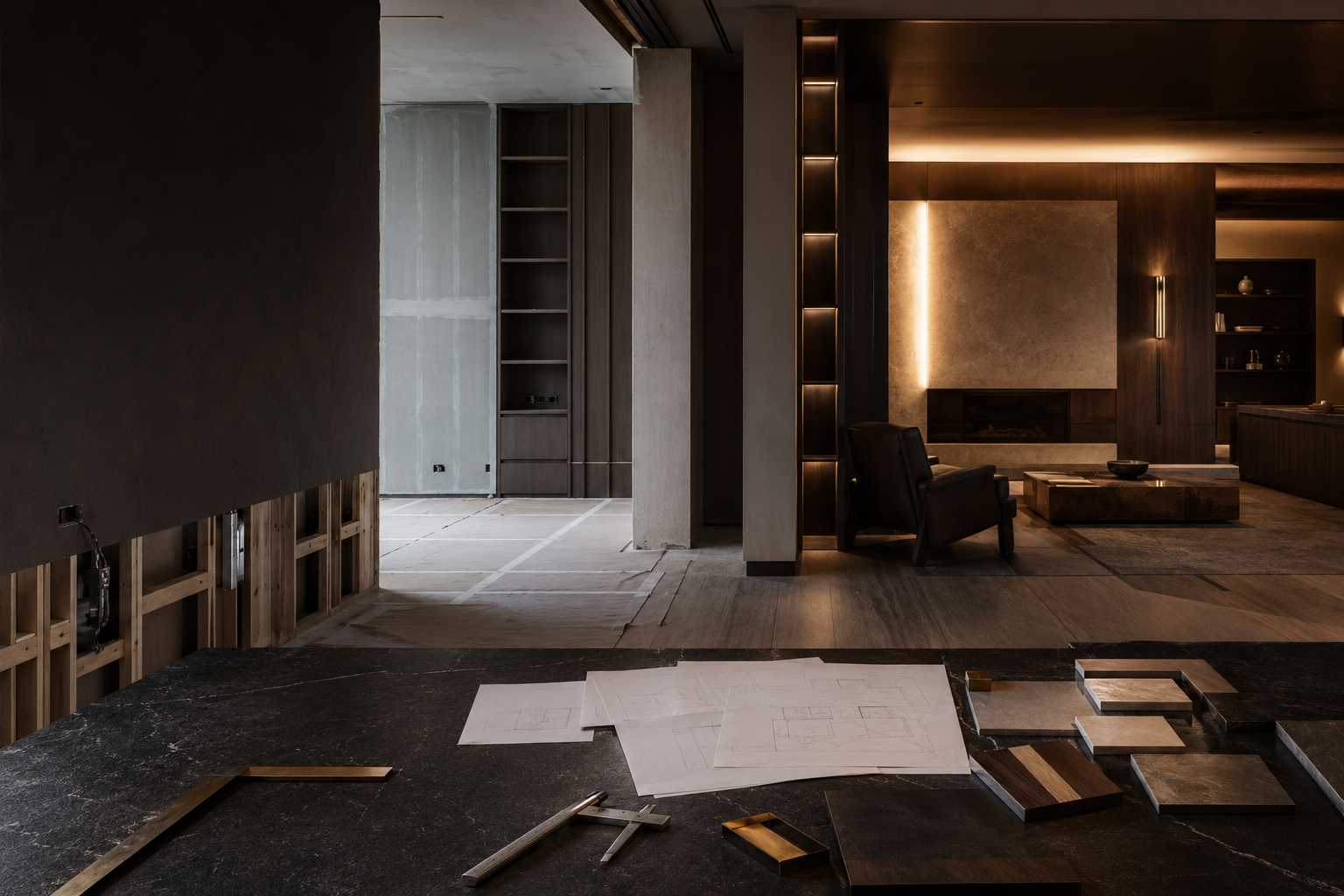 Unresolved interior shell transitioning into a controlled finished room