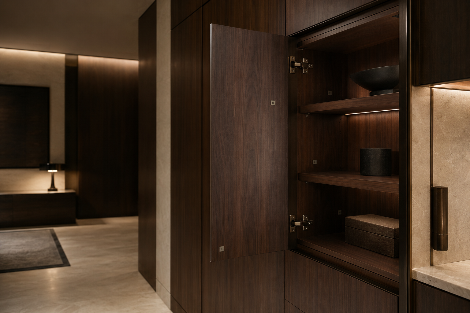 Nearly completed walnut and stone interior under final quality review
