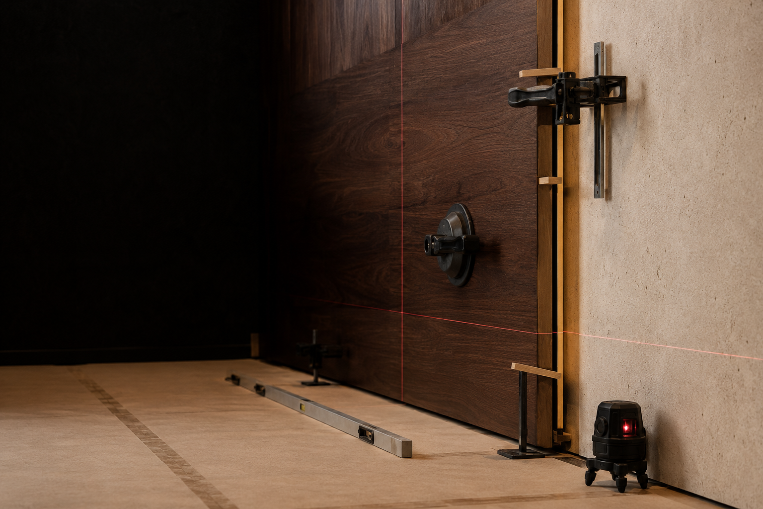 Walnut wall panel aligned to stone and bronze with precision tools