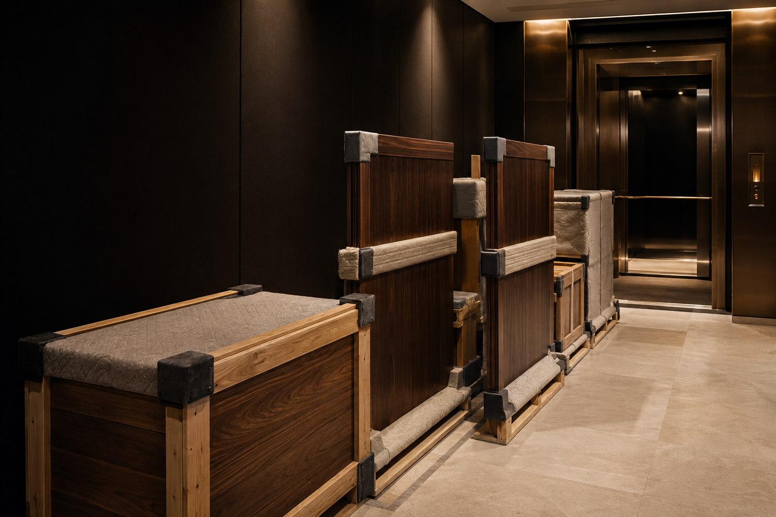 Protected custom millwork sequenced for delivery through a luxury property