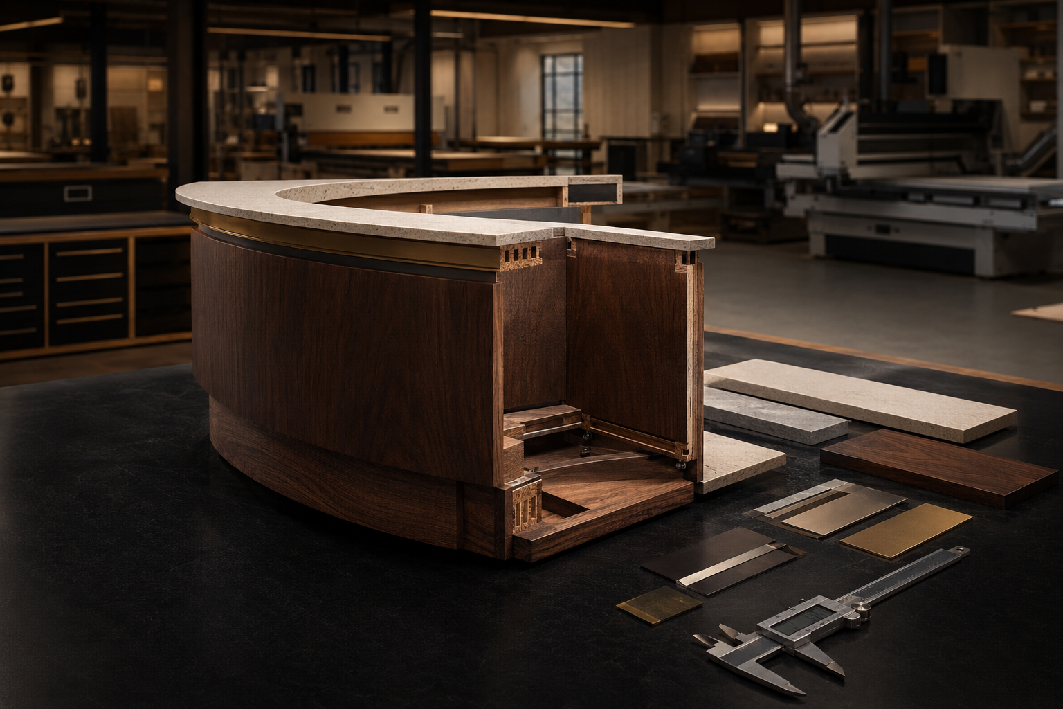 Curved walnut and stone first article under fabrication review
