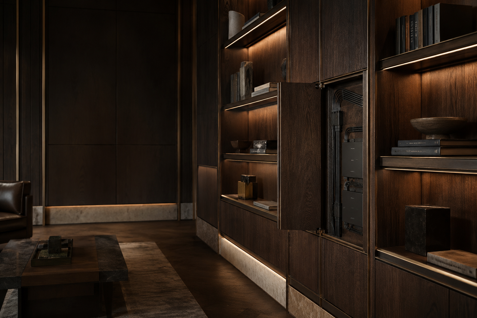Integrated walnut shelving with concealed lighting and service access