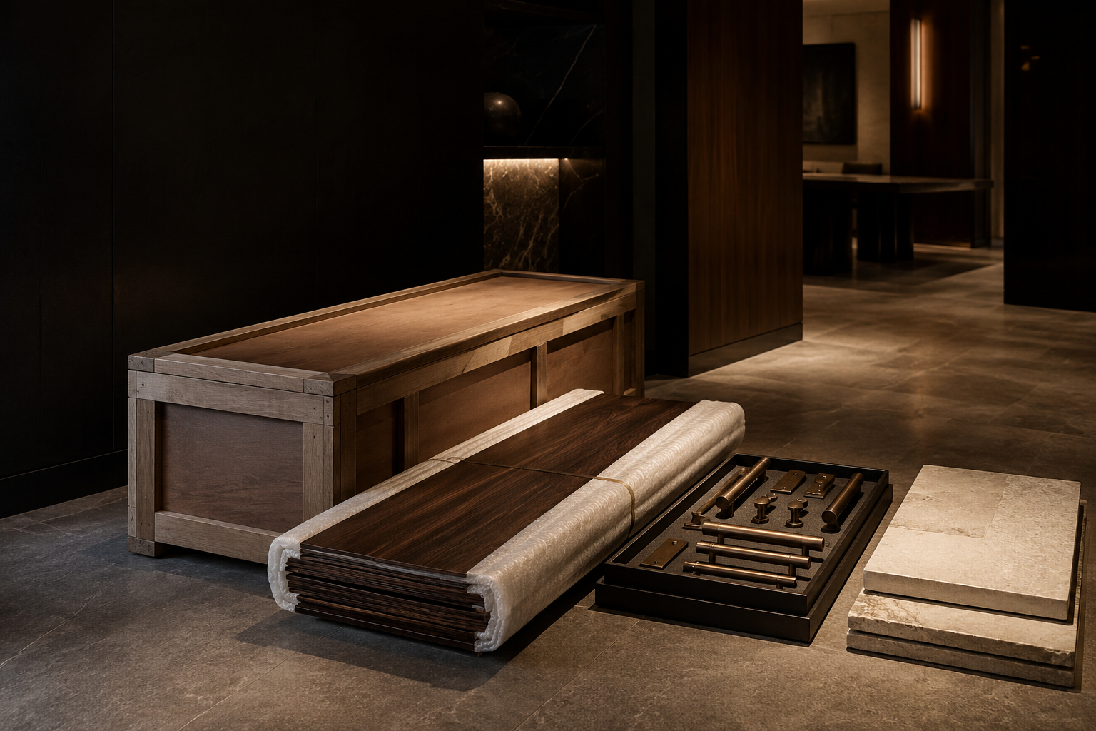 Sequenced luxury millwork, veneer, hardware, and stone procurement