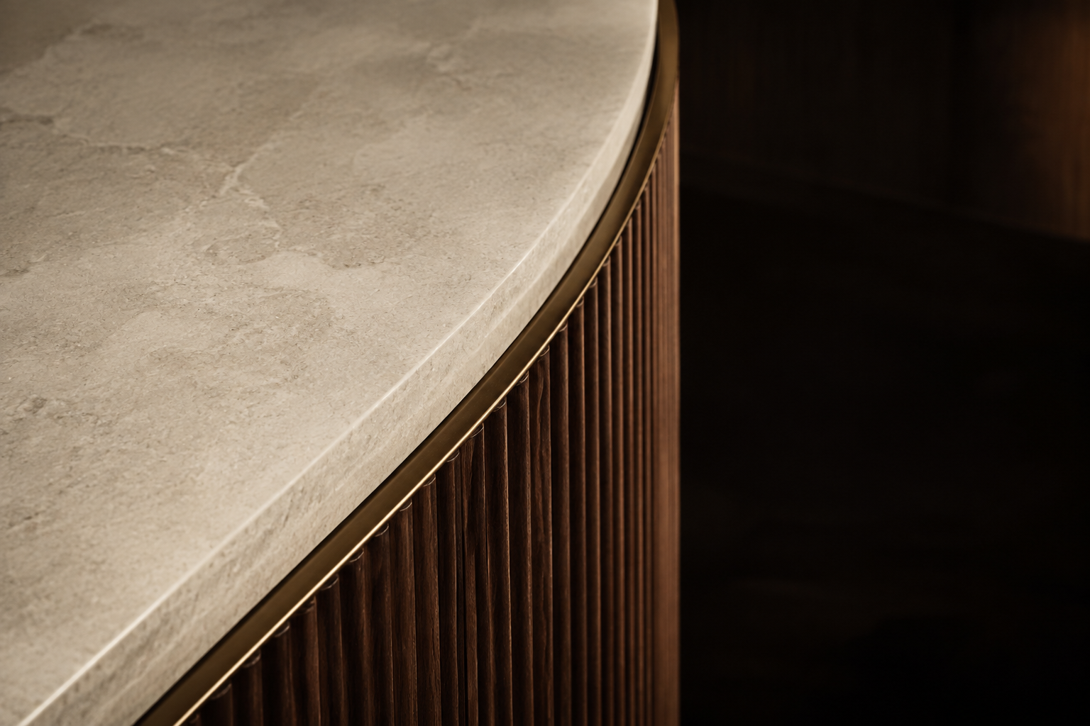 Precise bronze reveal between curved limestone and ribbed walnut