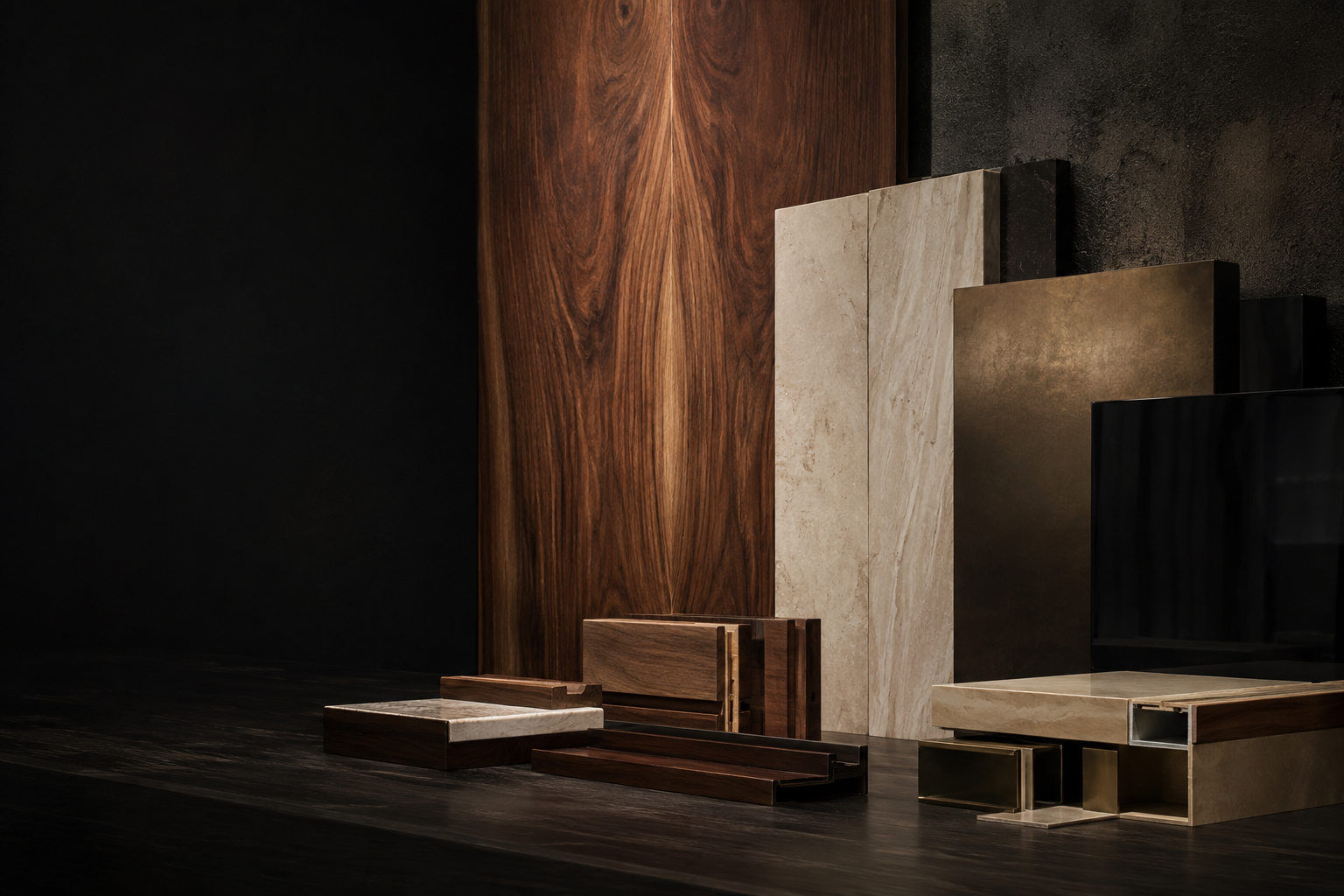Walnut, limestone, bronze, lacquer, and edge samples under raking light