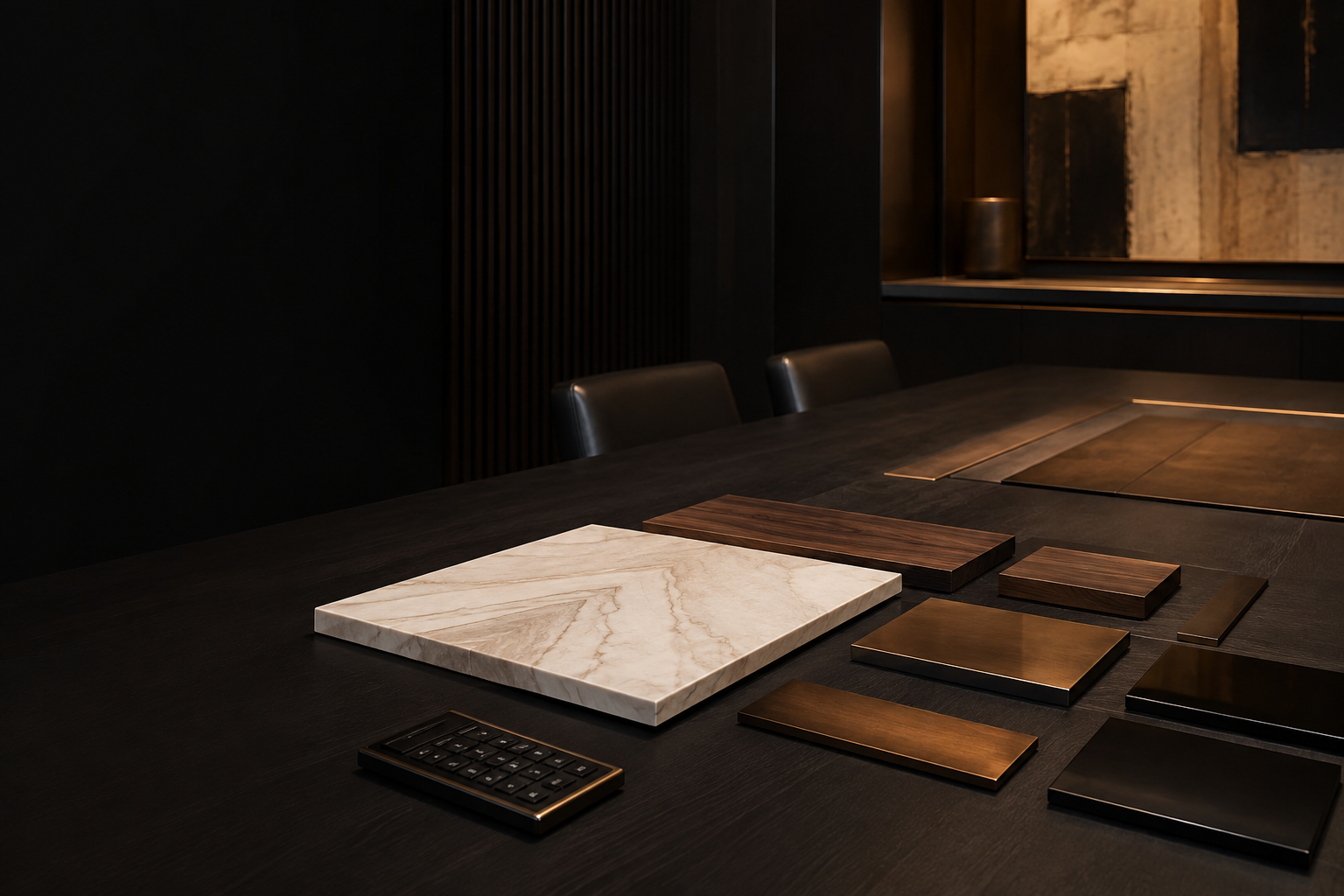 Luxury material strategy table in a private boardroom