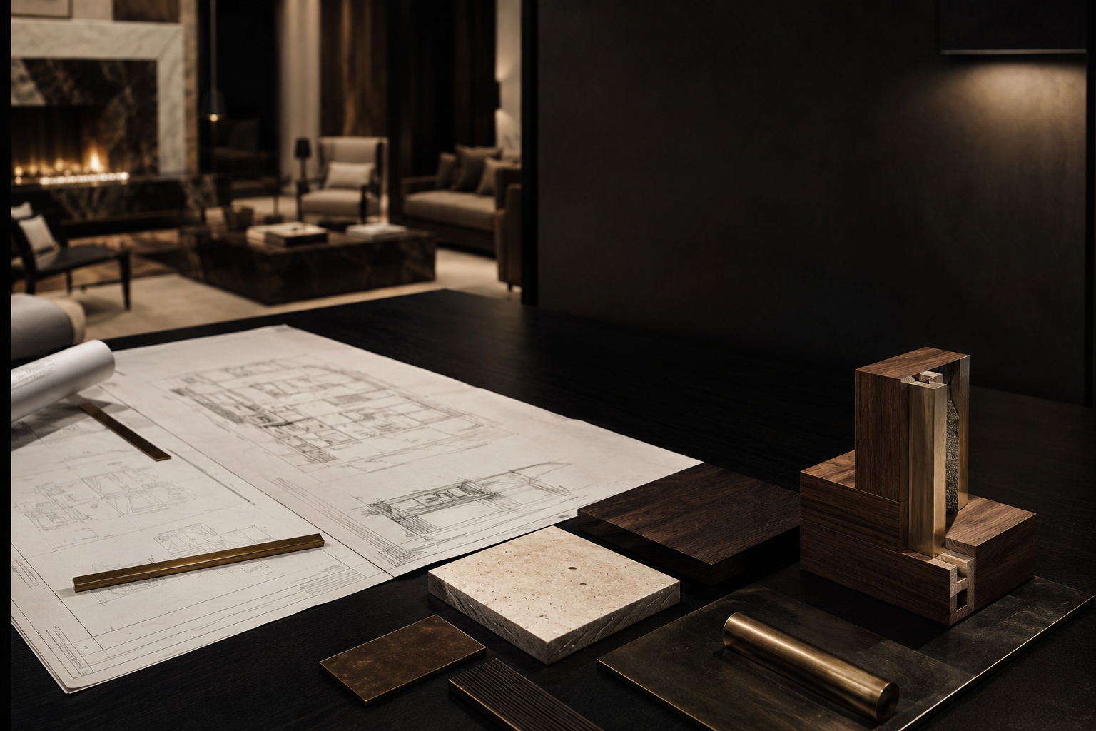 Plans, finish samples, and joinery model for a luxury interior