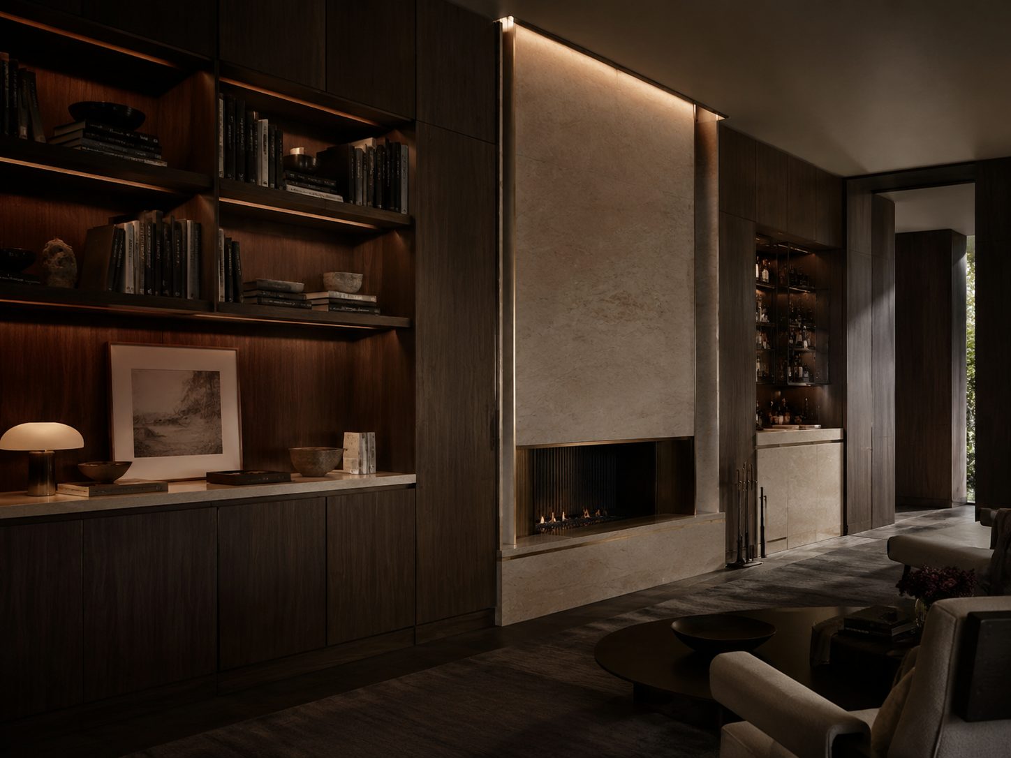 Integrated walnut, limestone, and bronze luxury interior