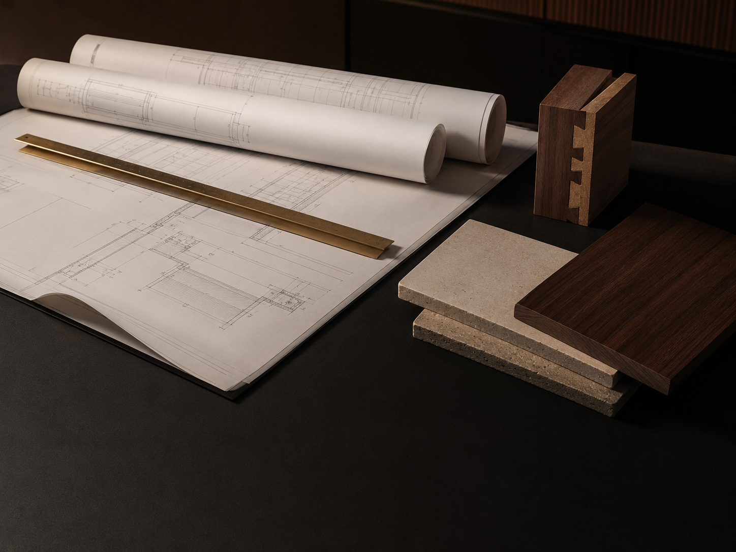 Millwork shop drawings with walnut, stone, and bronze samples