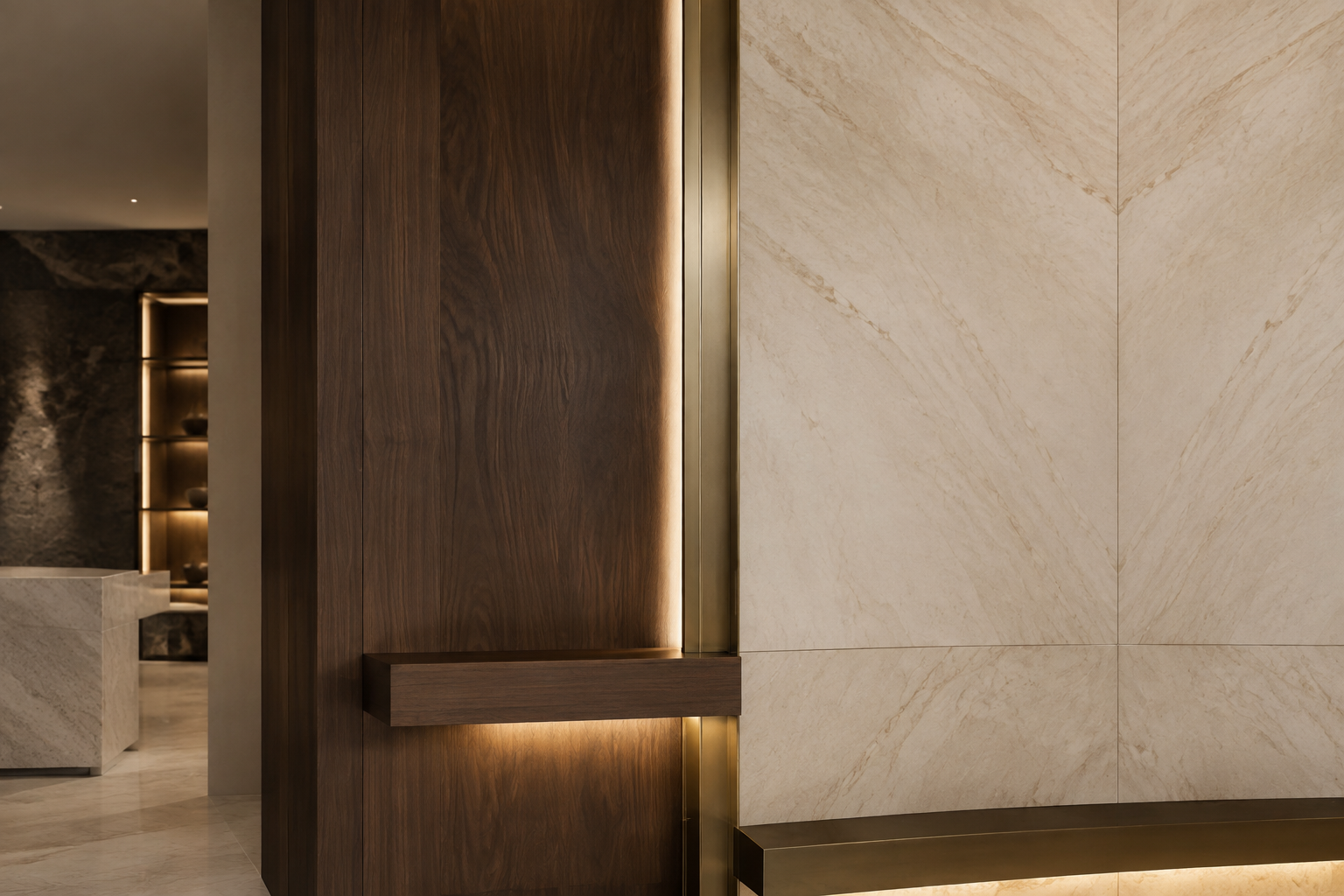 Luxury junction of limestone, walnut, bronze, and concealed lighting