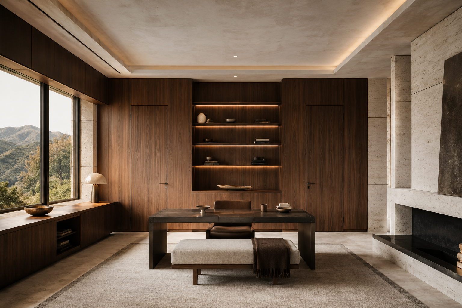 Walnut and limestone study with integrated millwork