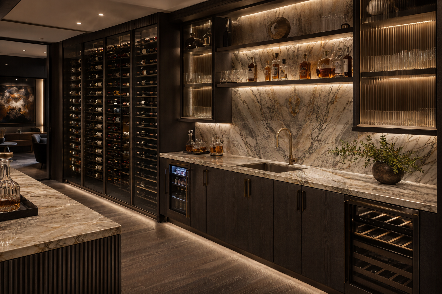 Luxury bar and wine room in charcoal oak and bronze