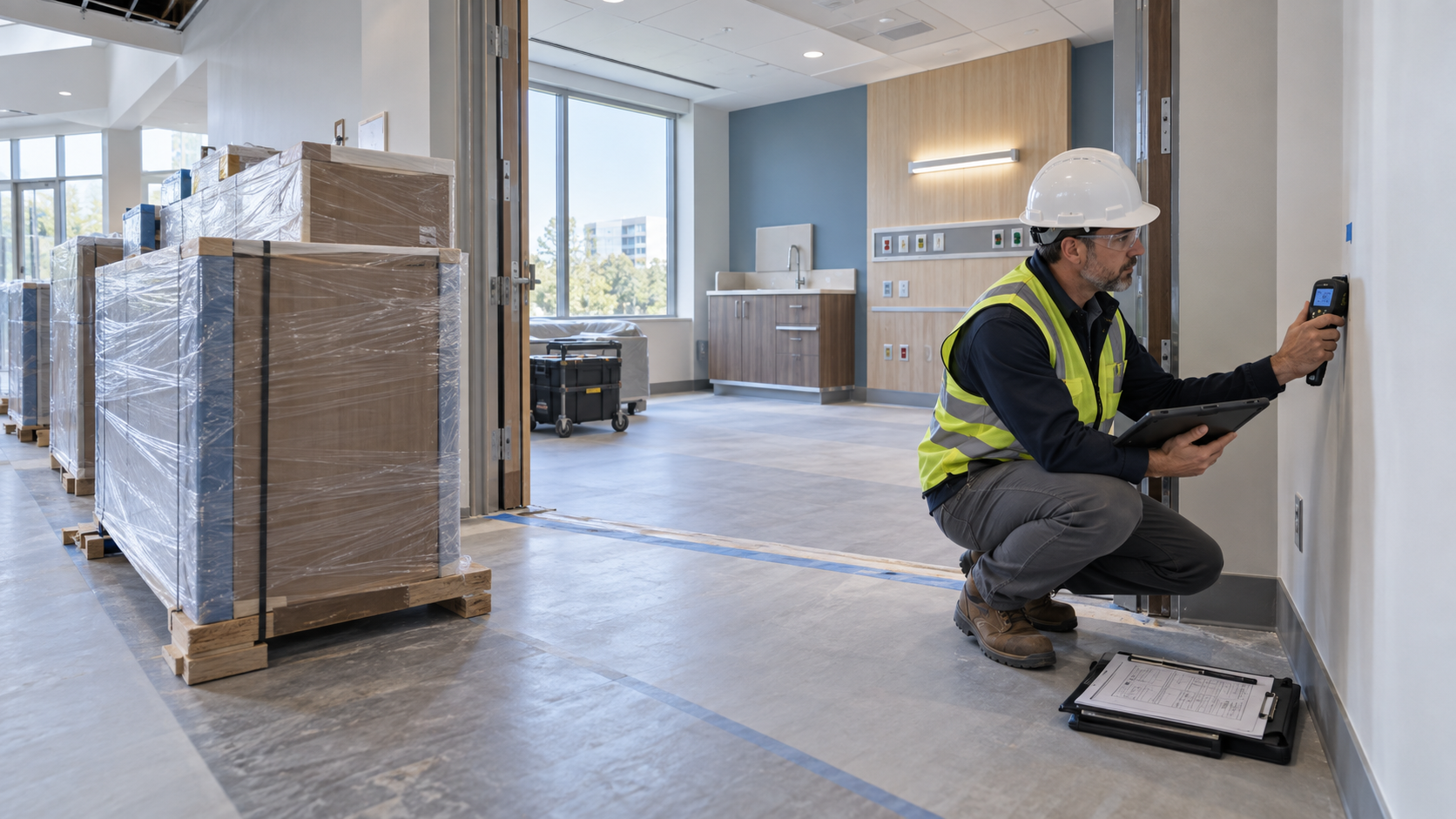 Commercial interiors specialist using a moisture meter and tablet before protected millwork is released for installation