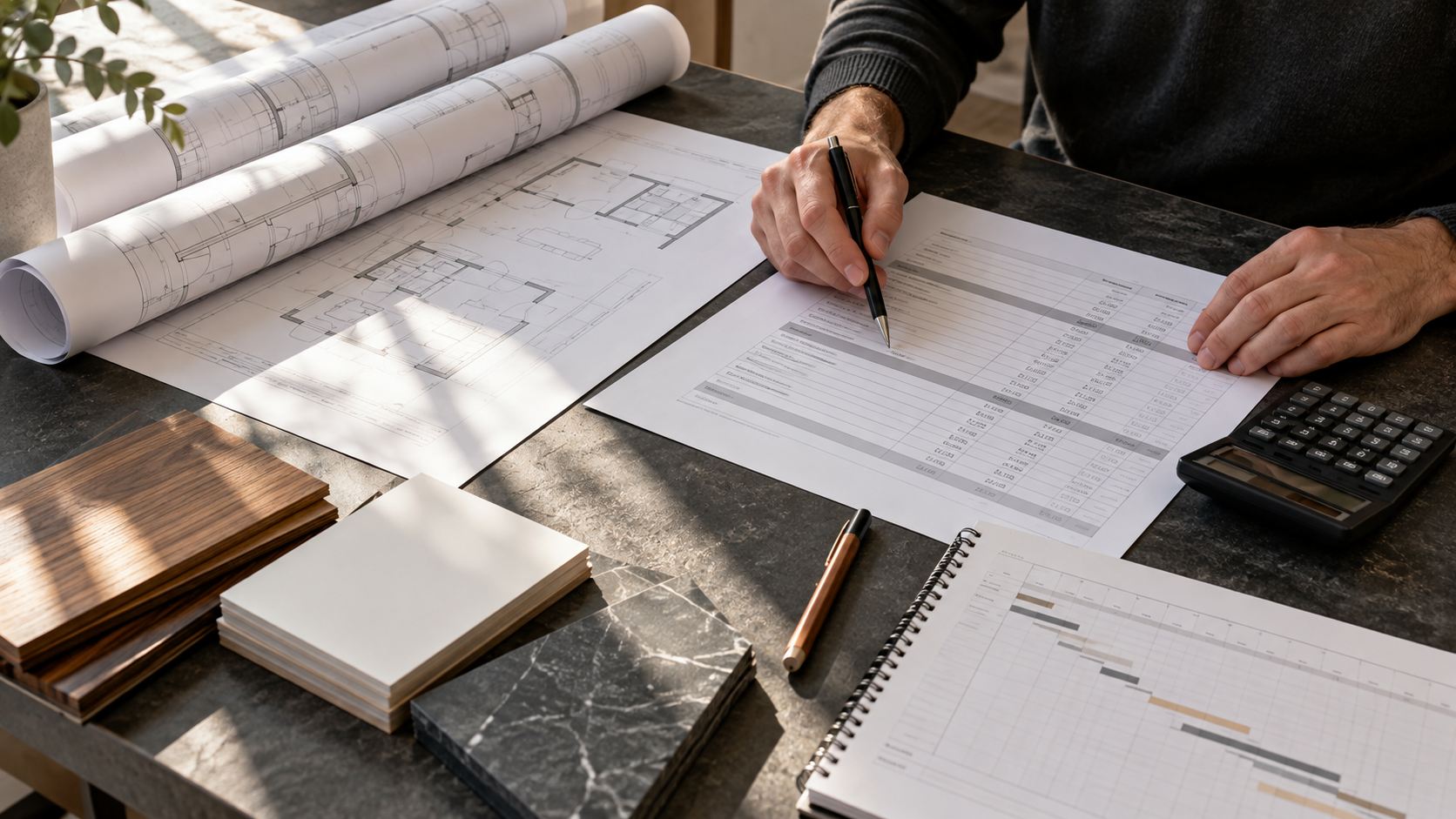 Editorial illustration of project plans, material samples and a cost worksheet being reviewed before a commitment