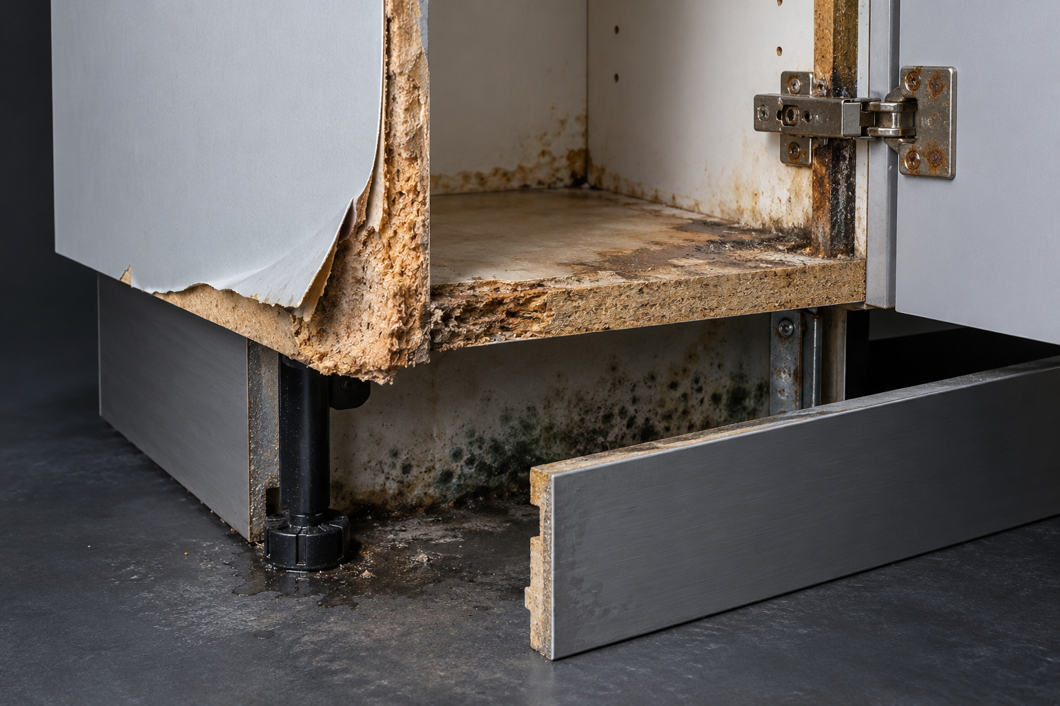 Commercial cabinet with swollen composite panel edges, delamination, corrosion, and concealed moisture damage