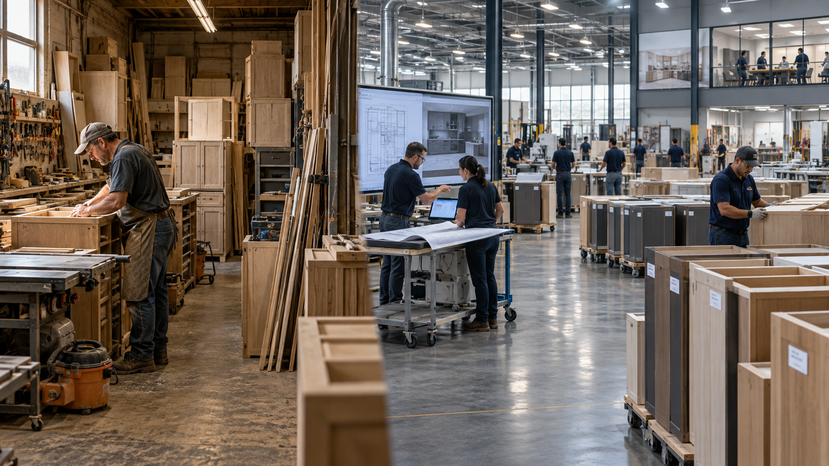 AI-generated illustration comparing a small cabinet workshop with a coordinated commercial millwork network