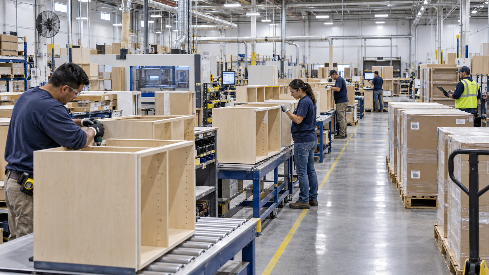 AI-generated editorial illustration: Organized commercial casework production line with multiple quality-control stations