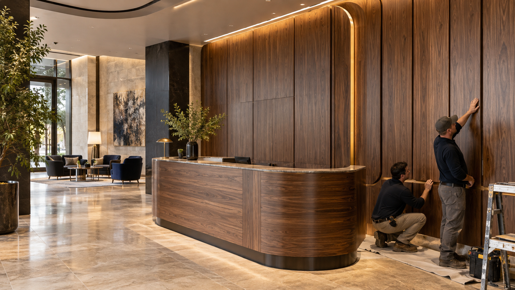 AI-generated editorial illustration: Craftspeople inspecting custom walnut reception millwork in a commercial lobby