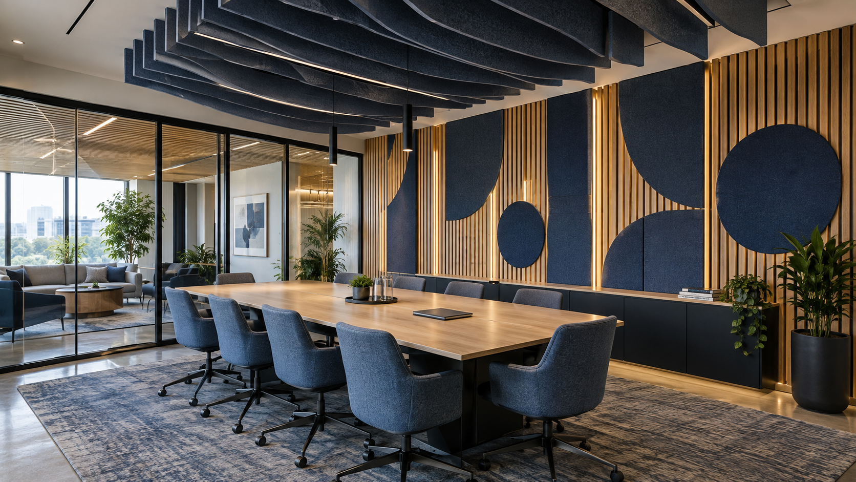 AI-generated editorial illustration: Modern conference room with integrated wall and ceiling acoustic panels