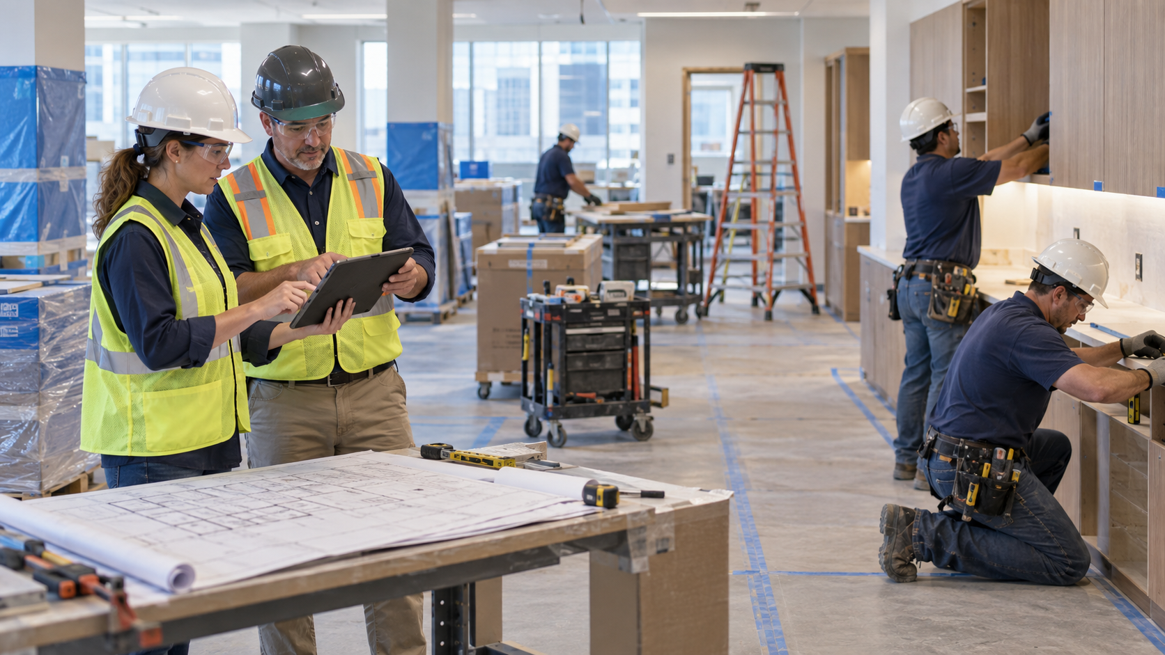 AI-generated editorial illustration: Commercial millwork installers and project managers coordinating work on an active jobsite