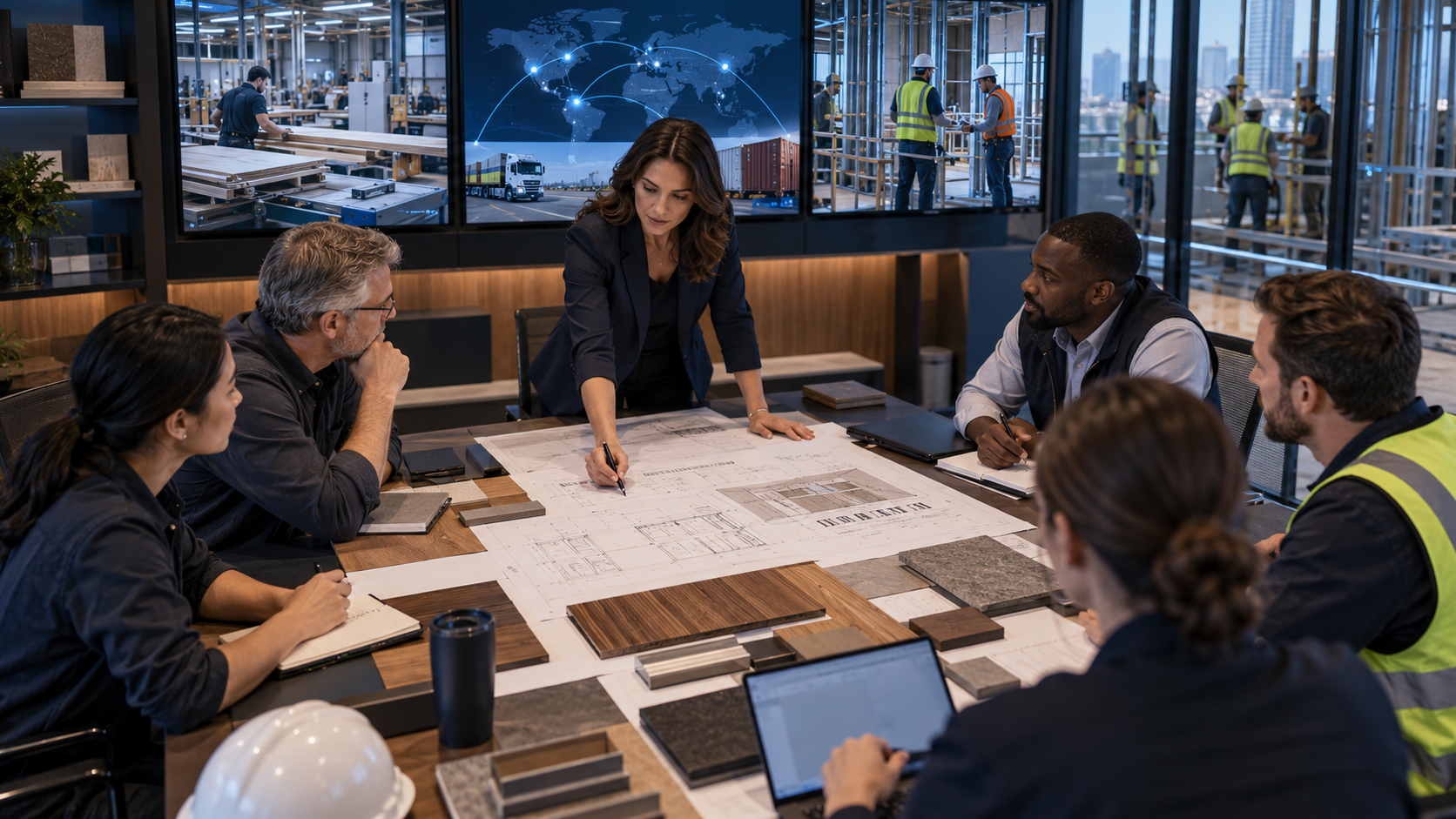AI-generated editorial illustration: Commercial interiors project team coordinating plans, materials, production, logistics, and installation