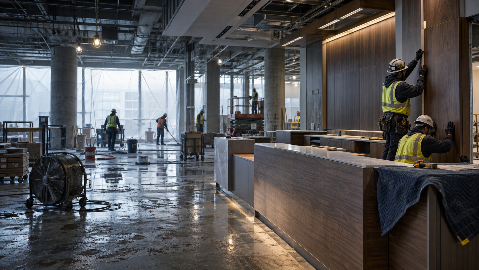 Premium architectural millwork being installed inside a wet, unfinished commercial building before environmental conditions are controlled
