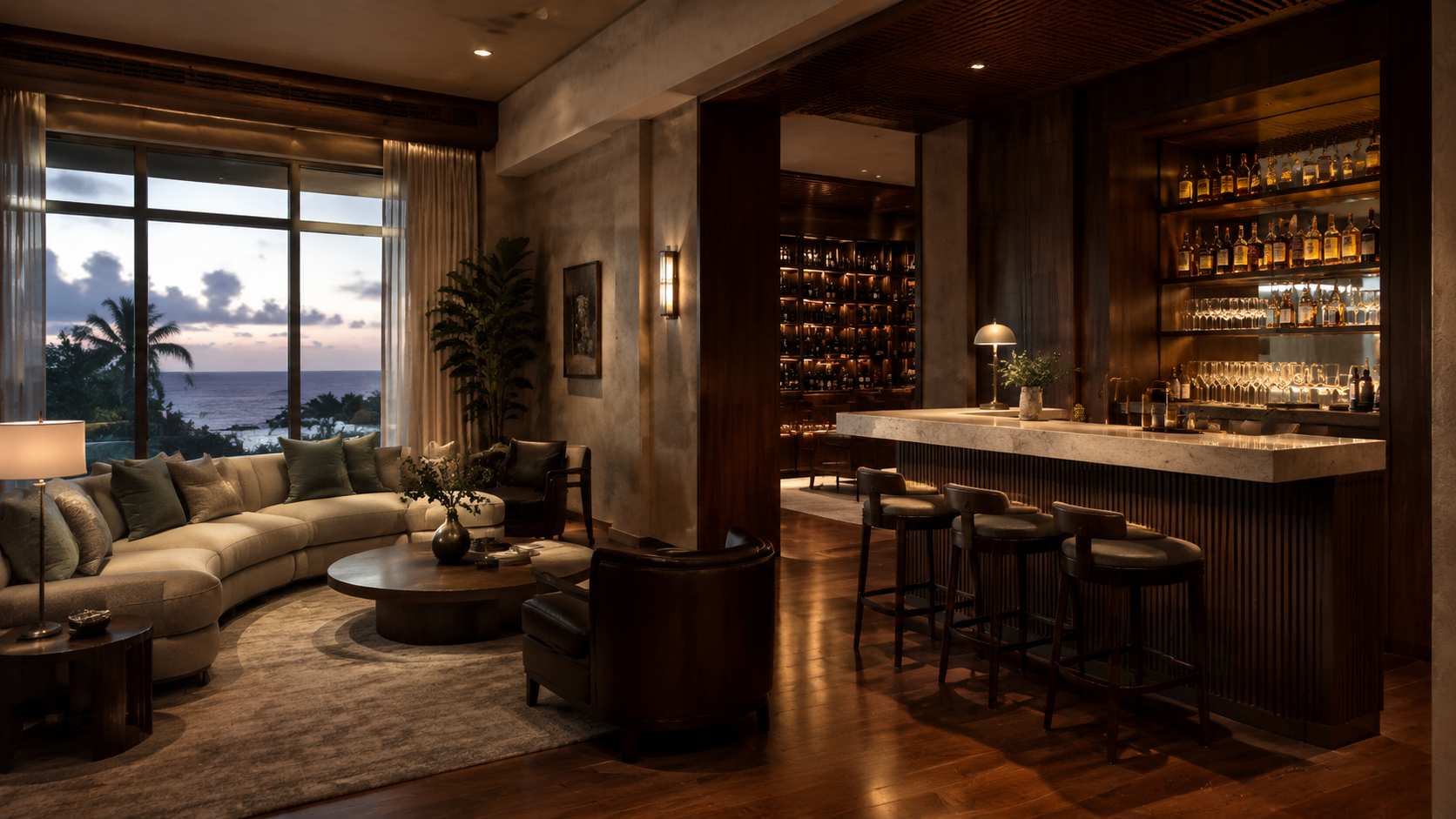 Private coastal Florida residential lounge with walnut millwork, limestone bar, bronze details, and layered lighting