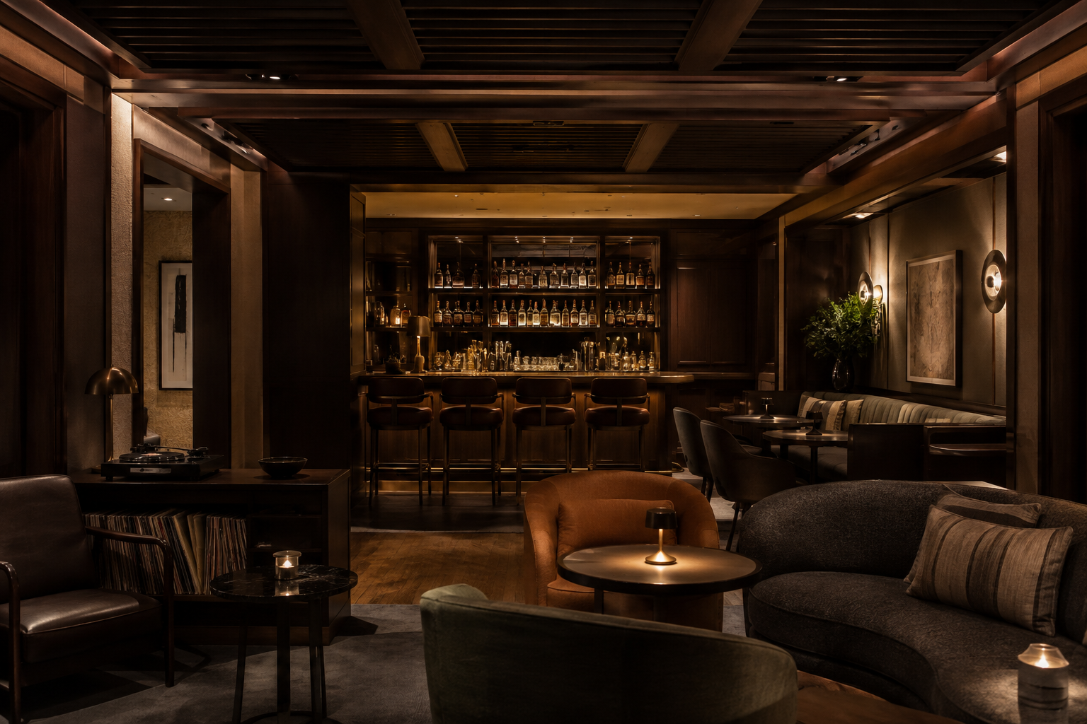 Intimate Florida private-club lounge with operational bar, varied seating, acoustic treatments, art, and subtle music cues